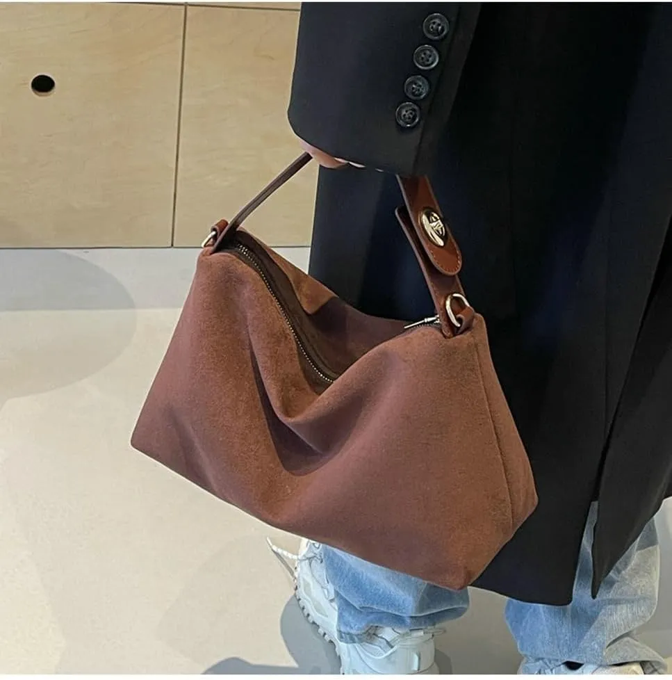 Slouchy Suede Cloud Hobo Bags Women Crescent Satchels Shoulder Bag Crossbody Phone Purse Trendy Top-handle Tote Handbag