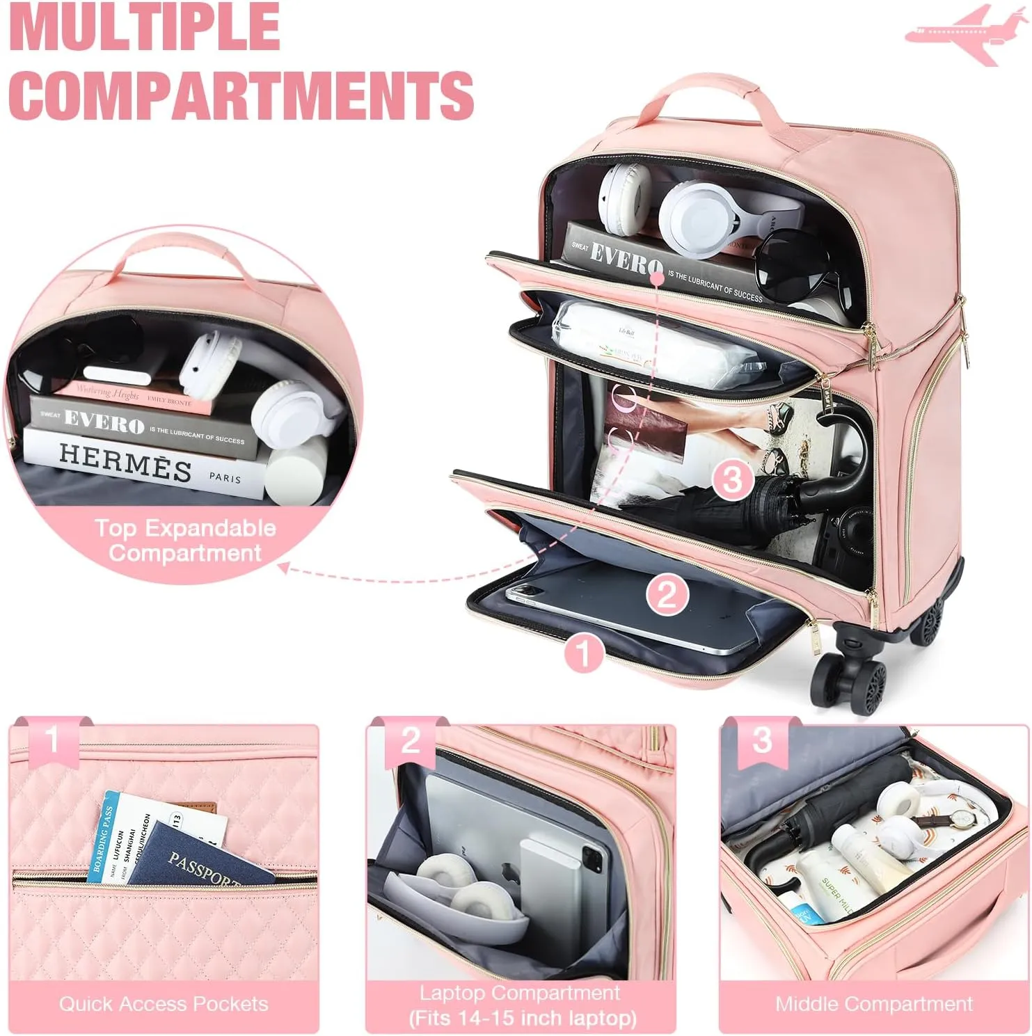 Softside Expandable Luggage with 4 Spinner Wheels 20" Pink