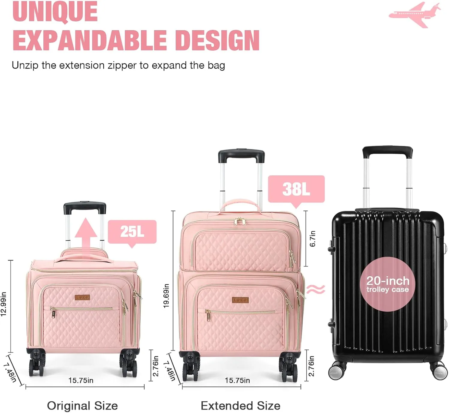 Softside Expandable Luggage with 4 Spinner Wheels 20" Pink