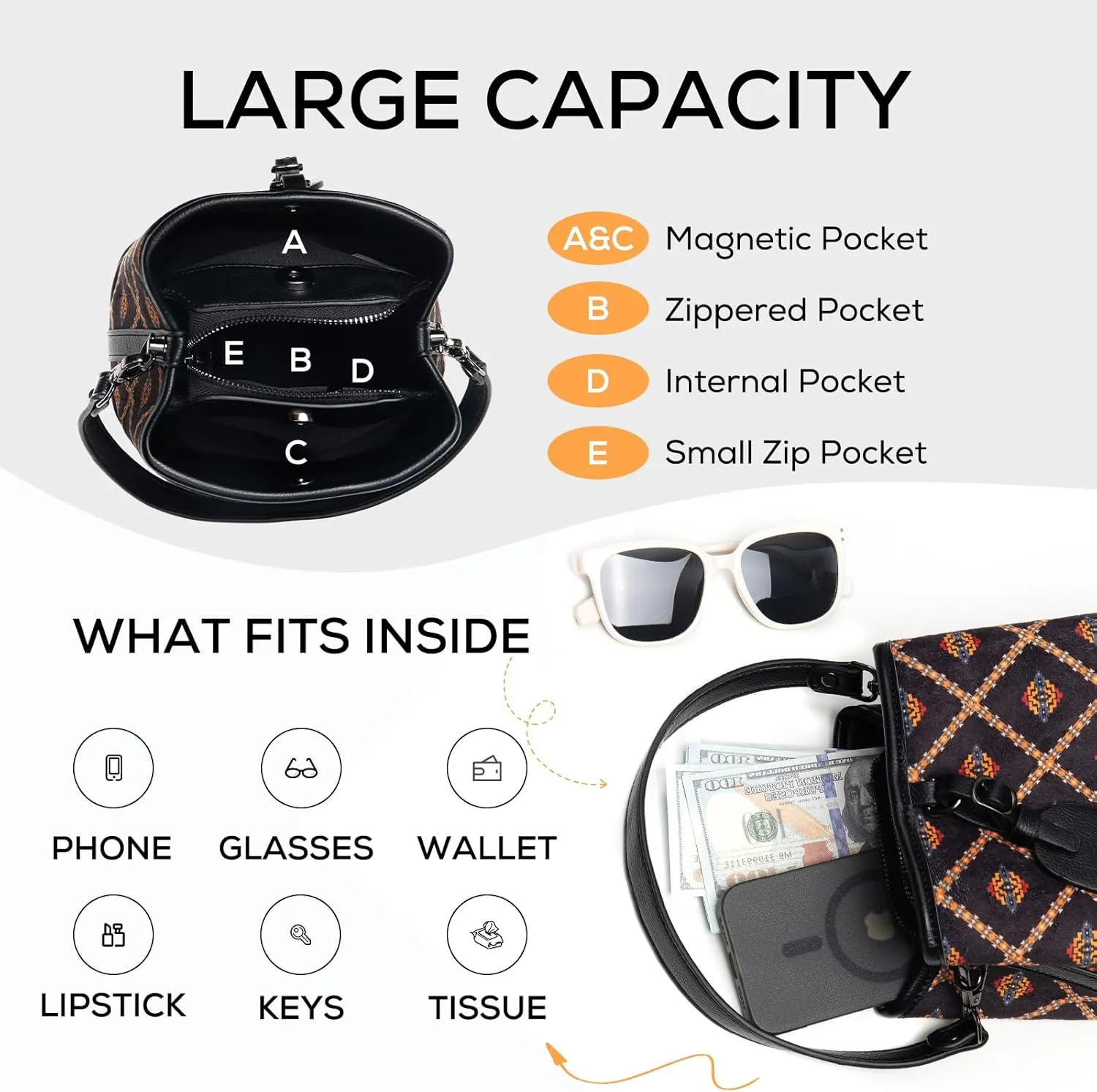 Southwest Bucket Purse for Women, Aztec Shoulder Crossbody Bag, Purse With Adjustable Strap, PU Leather