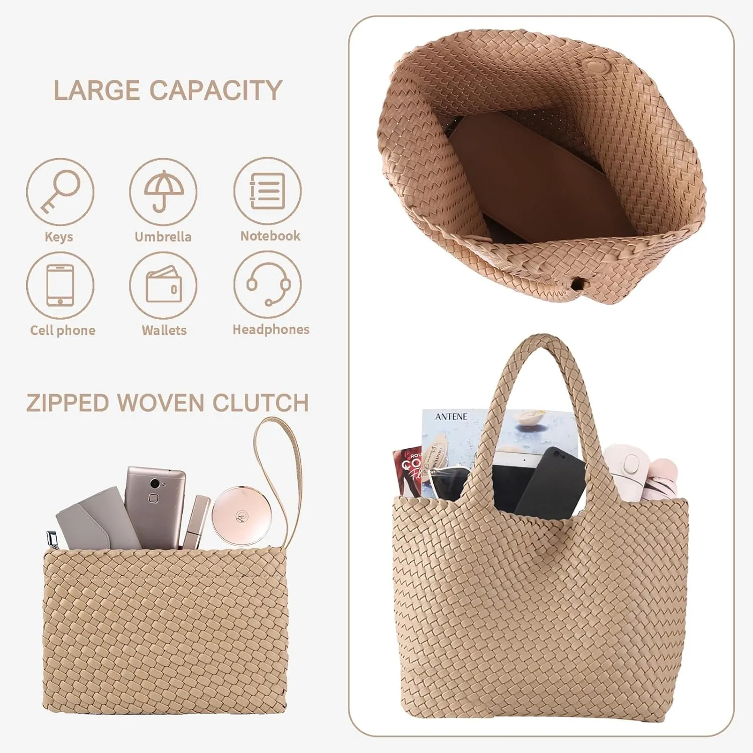 SporGenius Woven Tote Bag for Women, Large Summer Beach Bags with Top Handle Handbag, Vegan Leather Totes Purse