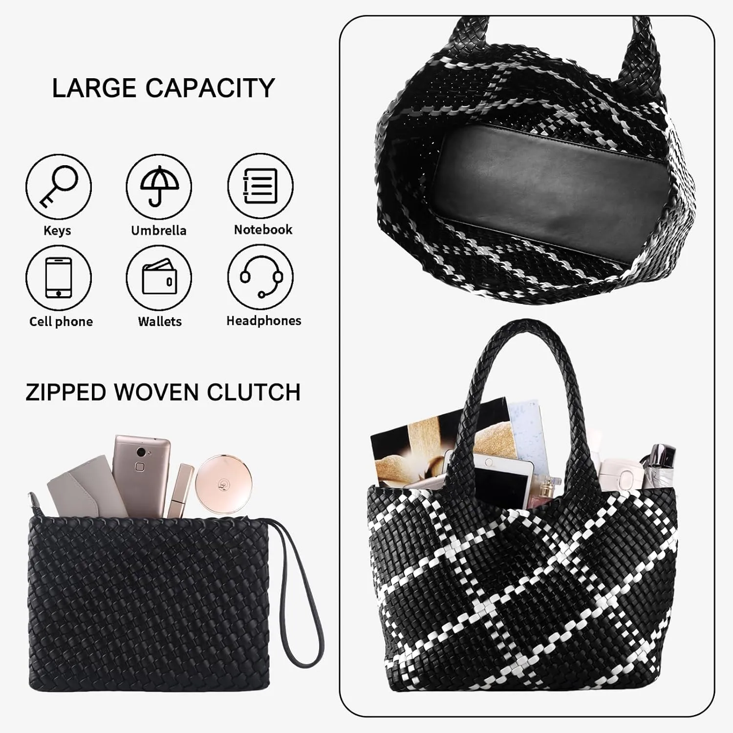 SporGenius Woven Tote Bag for Women, Large Summer Beach Bags with Top Handle Handbag, Vegan Leather Totes Purse