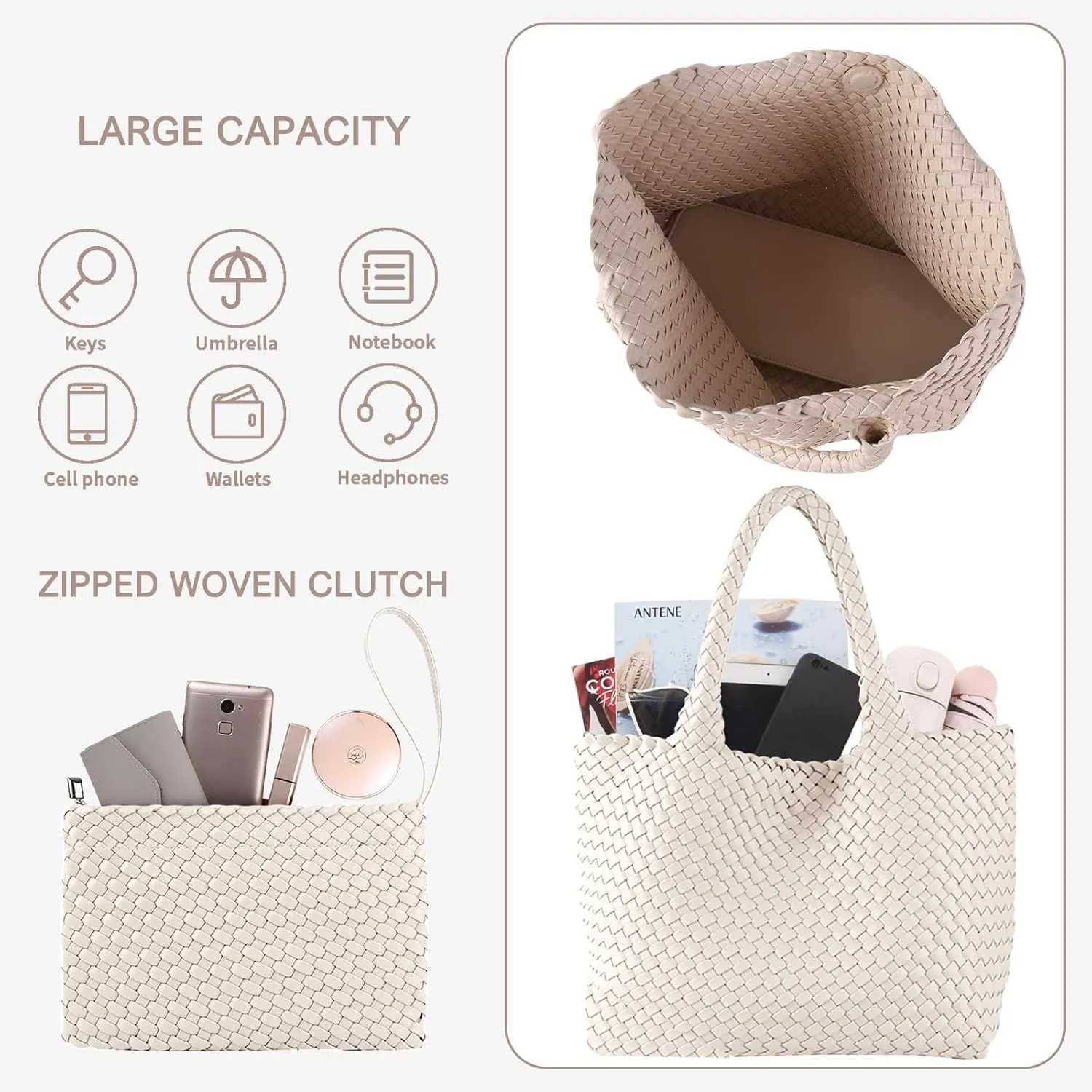 SporGenius Woven Tote Bag for Women, Large Summer Beach Bags with Top Handle Handbag, Vegan Leather Totes Purse