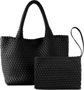 SporGenius Woven Tote Bag for Women, Vegan Leather Beach Bags with Small Purse, Large Travel Top Handle Handbags