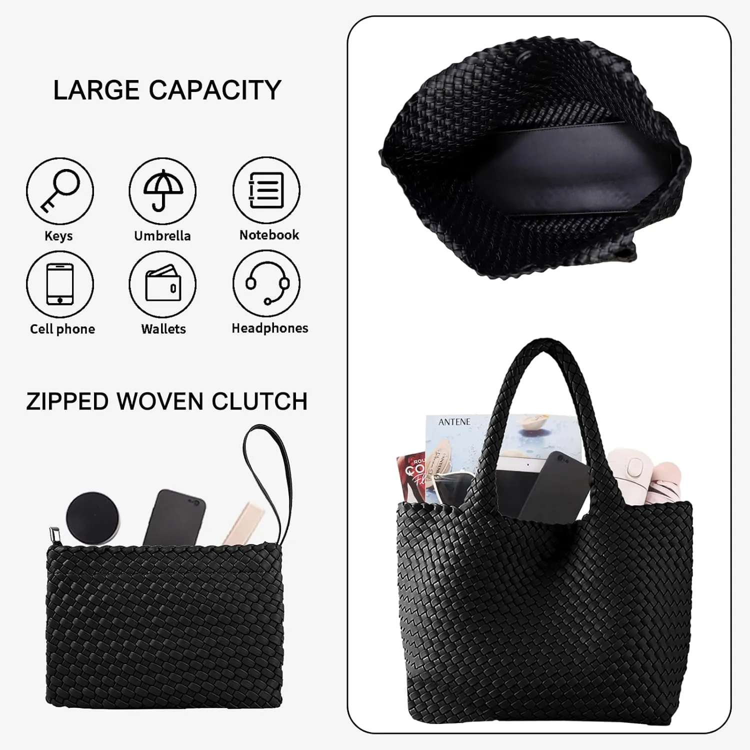 SporGenius Woven Tote Bag for Women, Vegan Leather Beach Bags with Small Purse, Large Travel Top Handle Handbags