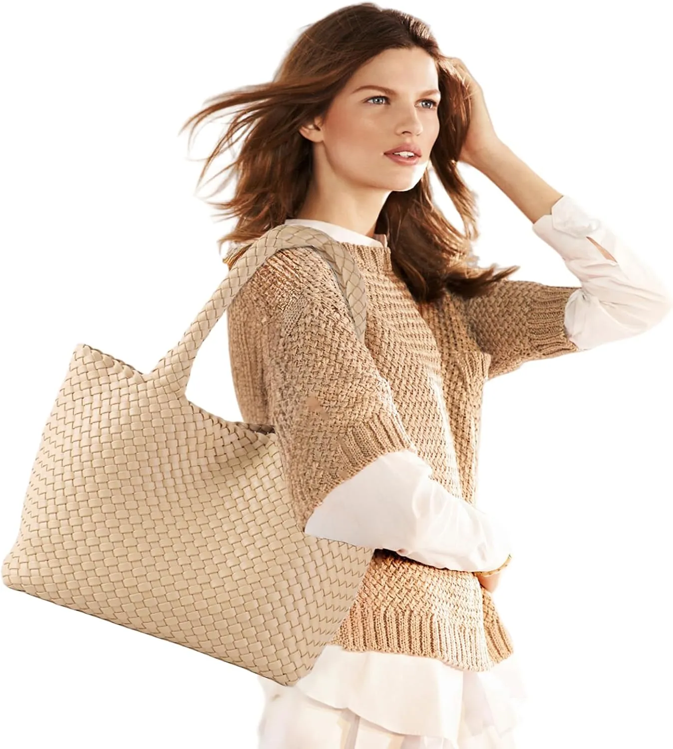 SporGenius Woven Tote Bag for Women, Vegan Leather Beach Bags with Small Purse, Large Travel Top Handle Handbags