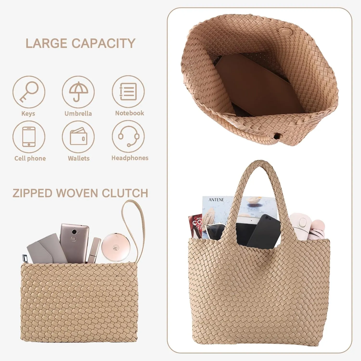 SporGenius Woven Tote Bag for Women, Vegan Leather Beach Bags with Small Purse, Large Travel Top Handle Handbags