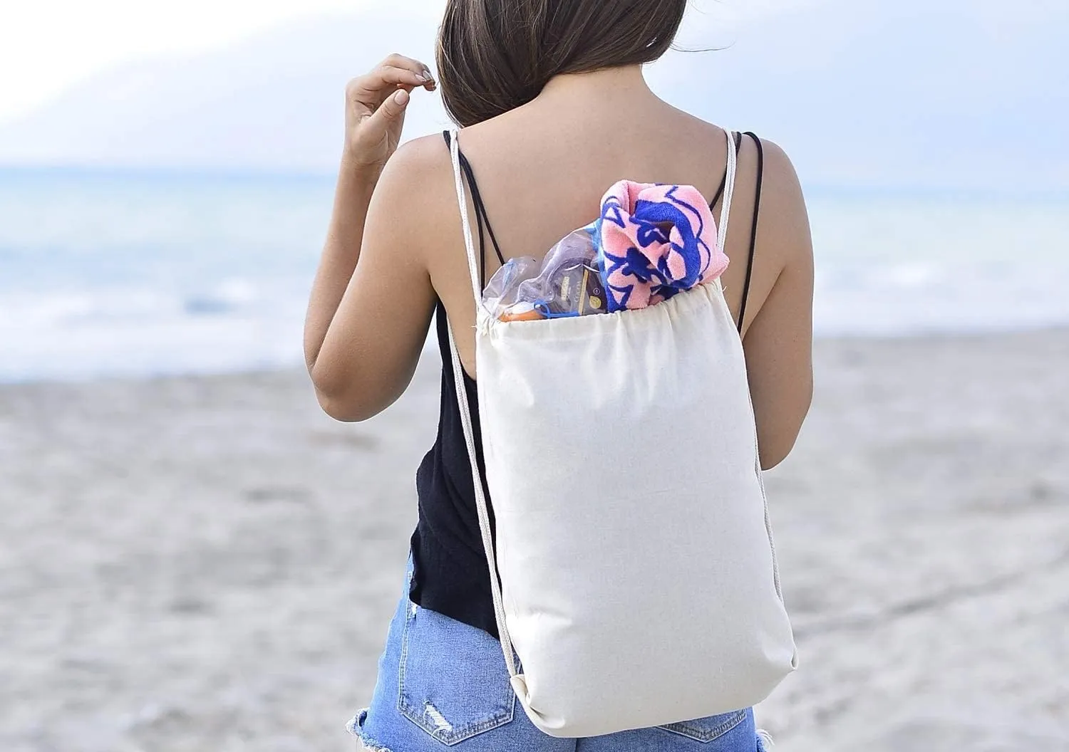 TBF (50 Pack) Set of 50 Durable Cotton Canvas Drawstring Backpack Bags 14" W x 16" H (Natural)