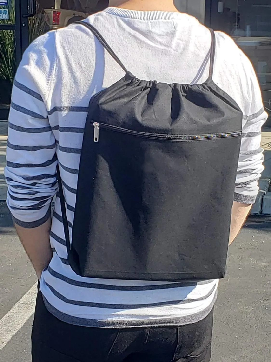 TBF Cotton Canvas Drawstring Backpack with Zippered Front Pocket Cinch Sack Pull String Sport Bags for Gym, Hike, Men Women Kids Bags (Black, Set of 3)