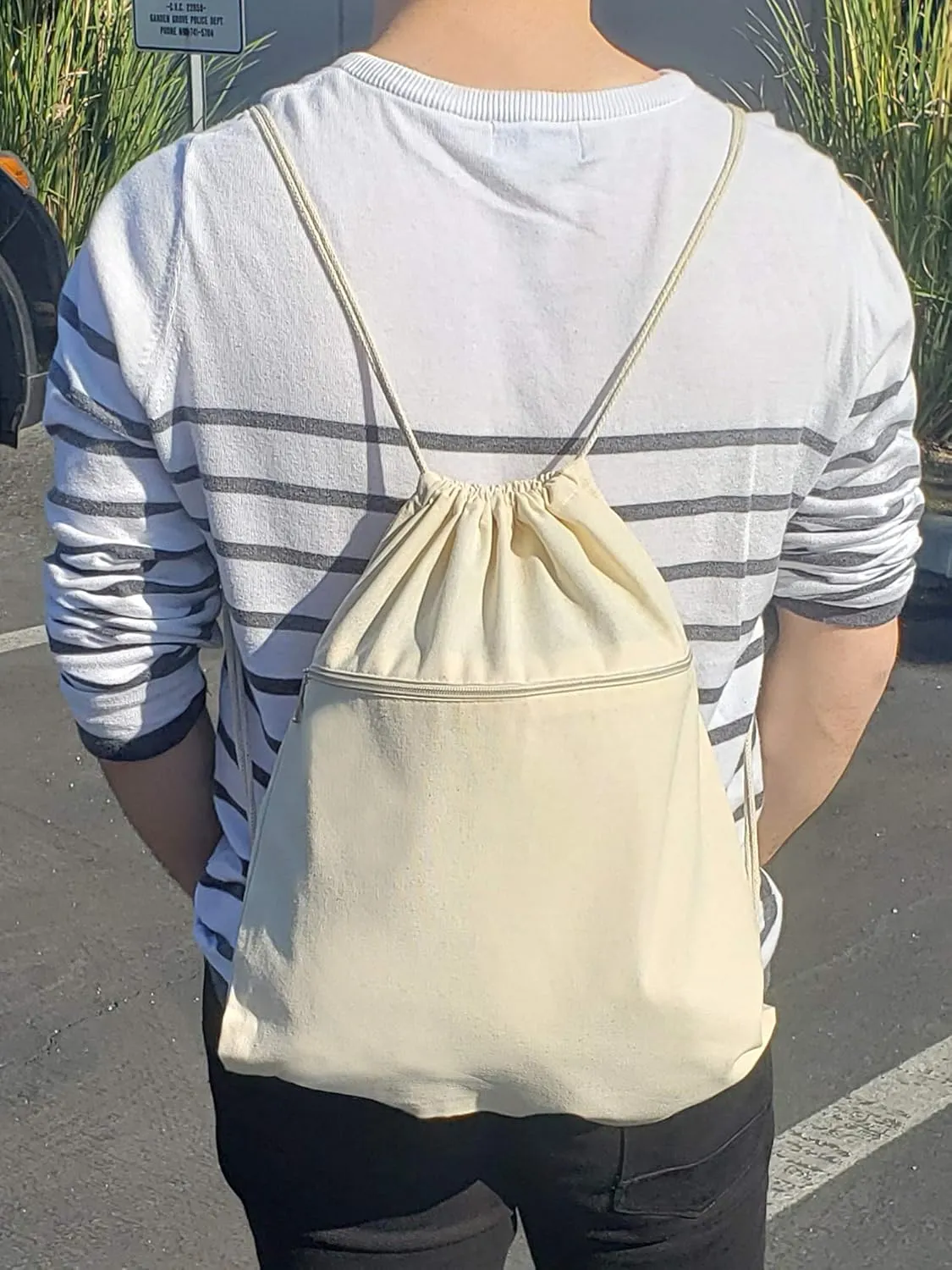 TBF Cotton Canvas Drawstring Backpack with Zippered Front Pocket Cinch Sack Pull String Sport Bags for Gym, Hike, Men Women Kids Bags (Natural, Set of 3)