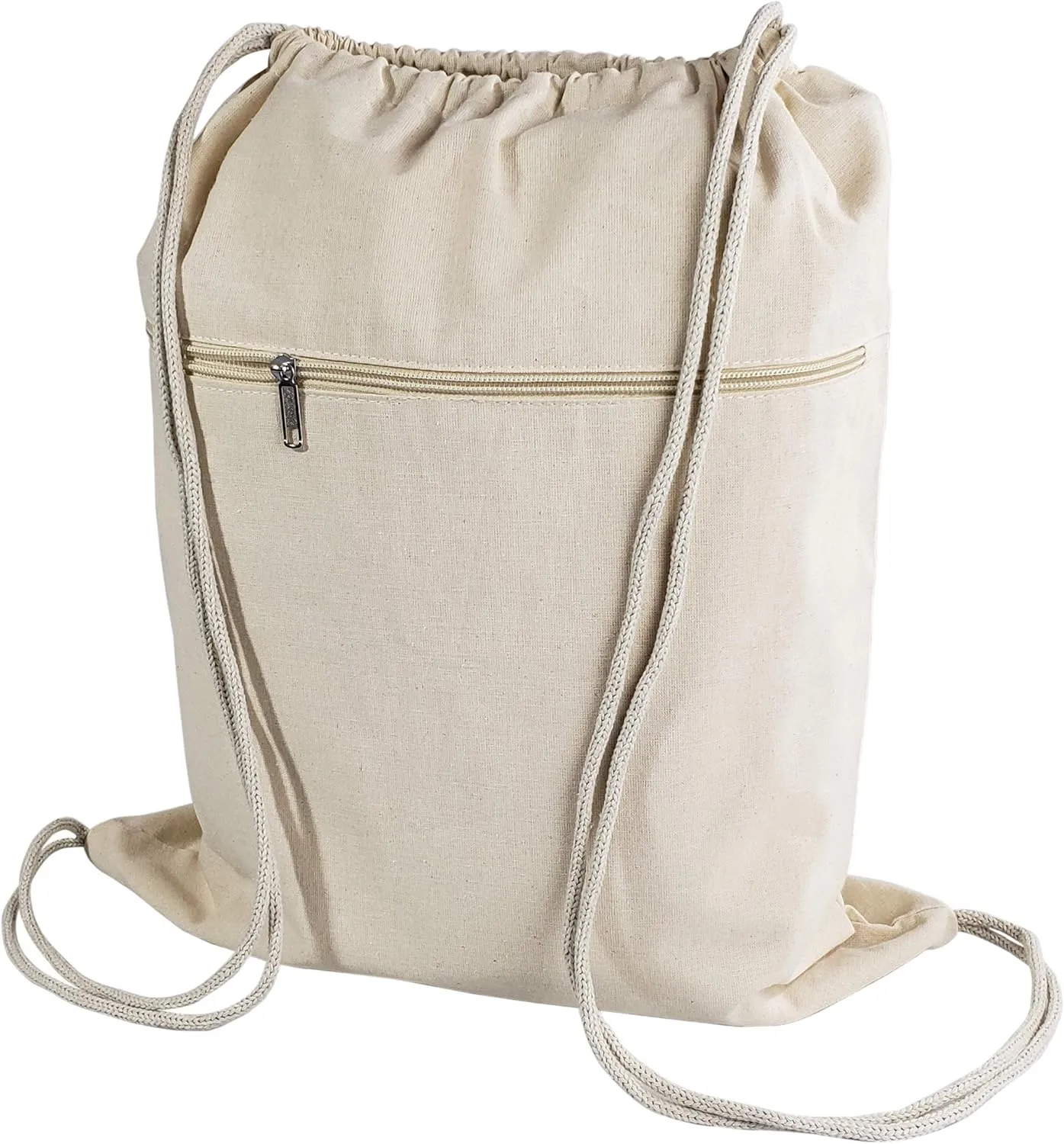 TBF Cotton Canvas Drawstring Backpack with Zippered Front Pocket Cinch Sack Pull String Sport Bags for Gym, Hike, Men Women Kids Bags (Natural, Set of 3)