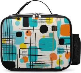 Teal Mid Vintage Grid And Starbursts Orange Century Modern Insulated Lunch Bag Novelty Leakproof Tote Box with Handle Pocket for Work Picnic Camping