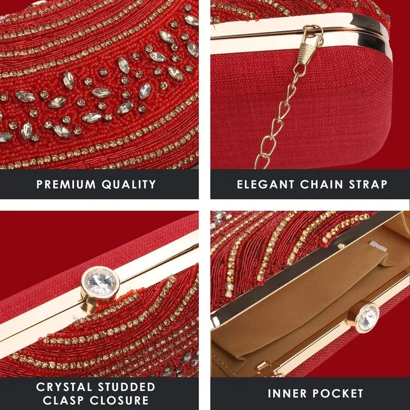 THE CLOWNFISH Emerald Collection Womens Party Clutch Ladies Wallet Evening Bag with Fashionable Round Corners Beads Work Floral Design (Red)