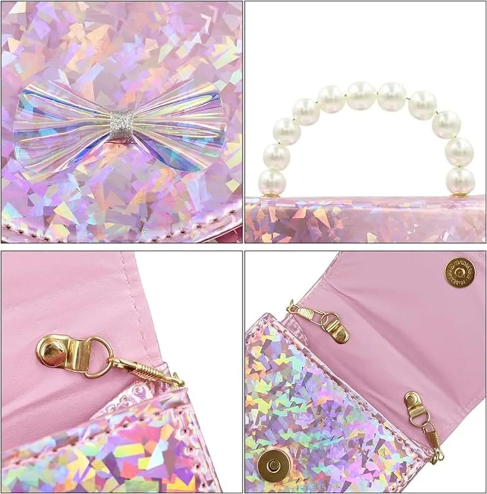 Toddler Elegant Mini Purse for Little Girls Shiny Handbag with Pearl Handle Cute Shoulder Bag for Kids