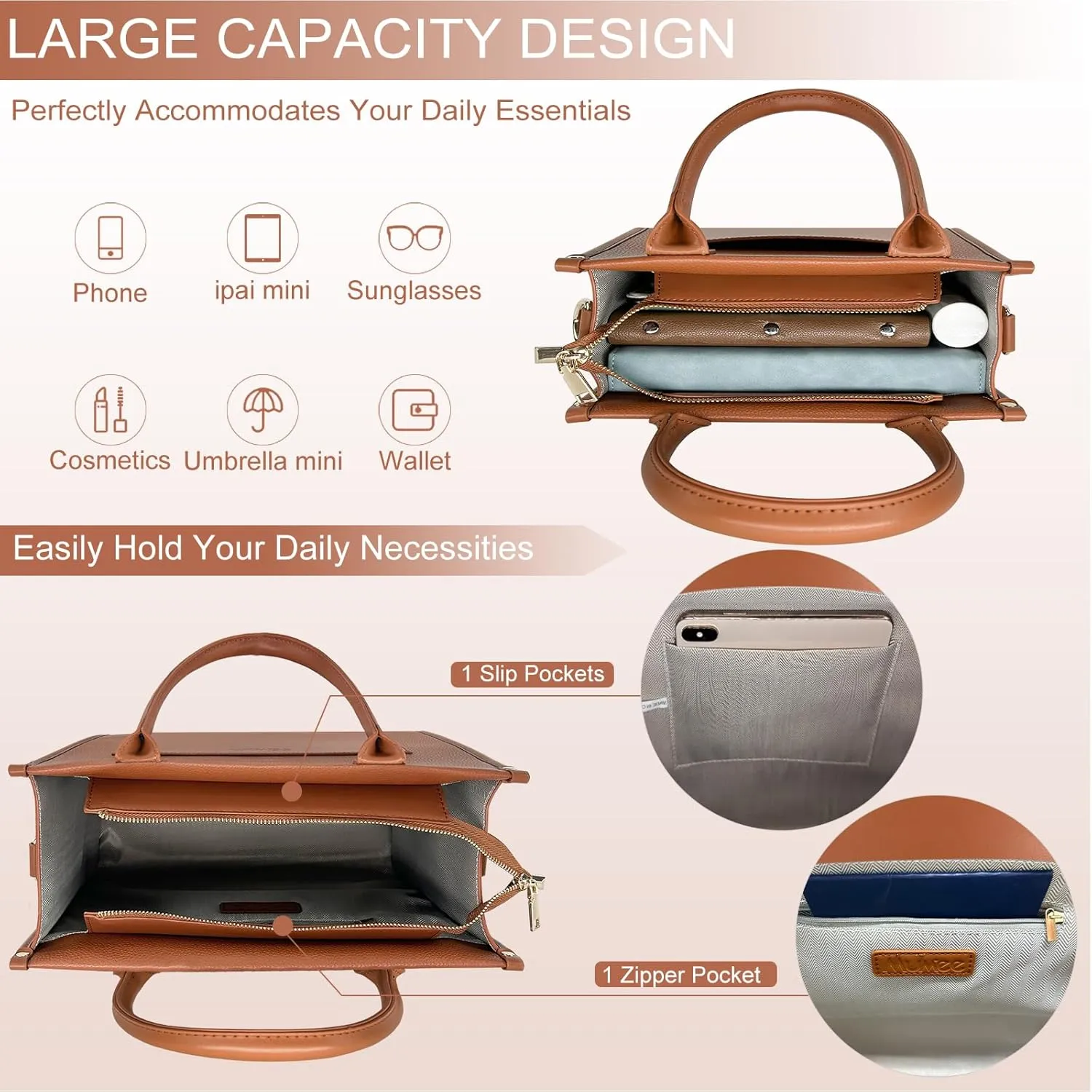 Tote Bag For Women The Leather Tote Bag with Zipper Boho Bags Shoulder Handbags for Work, Travel, Office