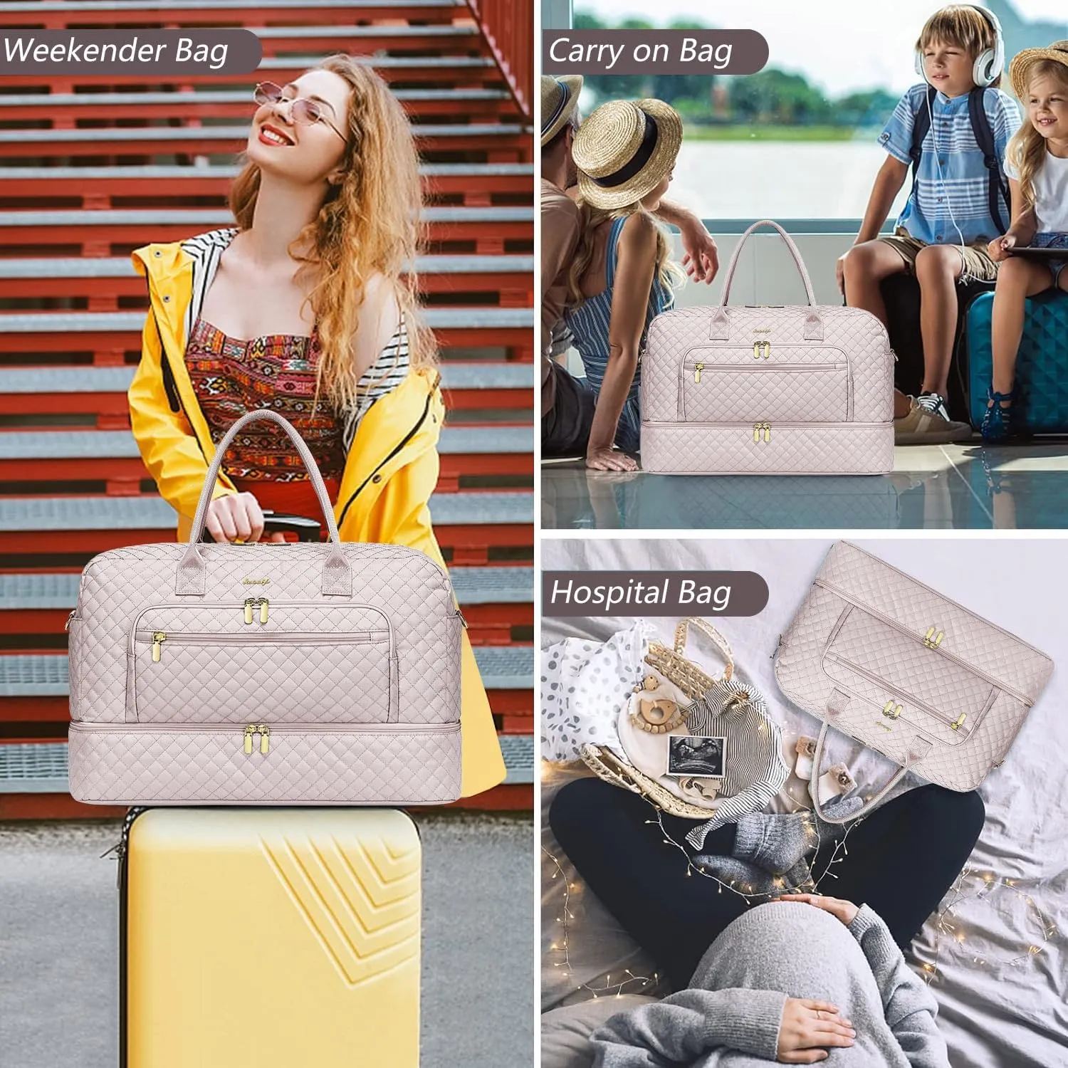 Travel Duffel Bags for Women with Shoe Compartment, Weekender Overnight Bag with Wet Pocket & Toiletry Bag, Carry On Personal Item Bag, Travel Tote Gym Bag, Hospital Bags for Labor and Delivery