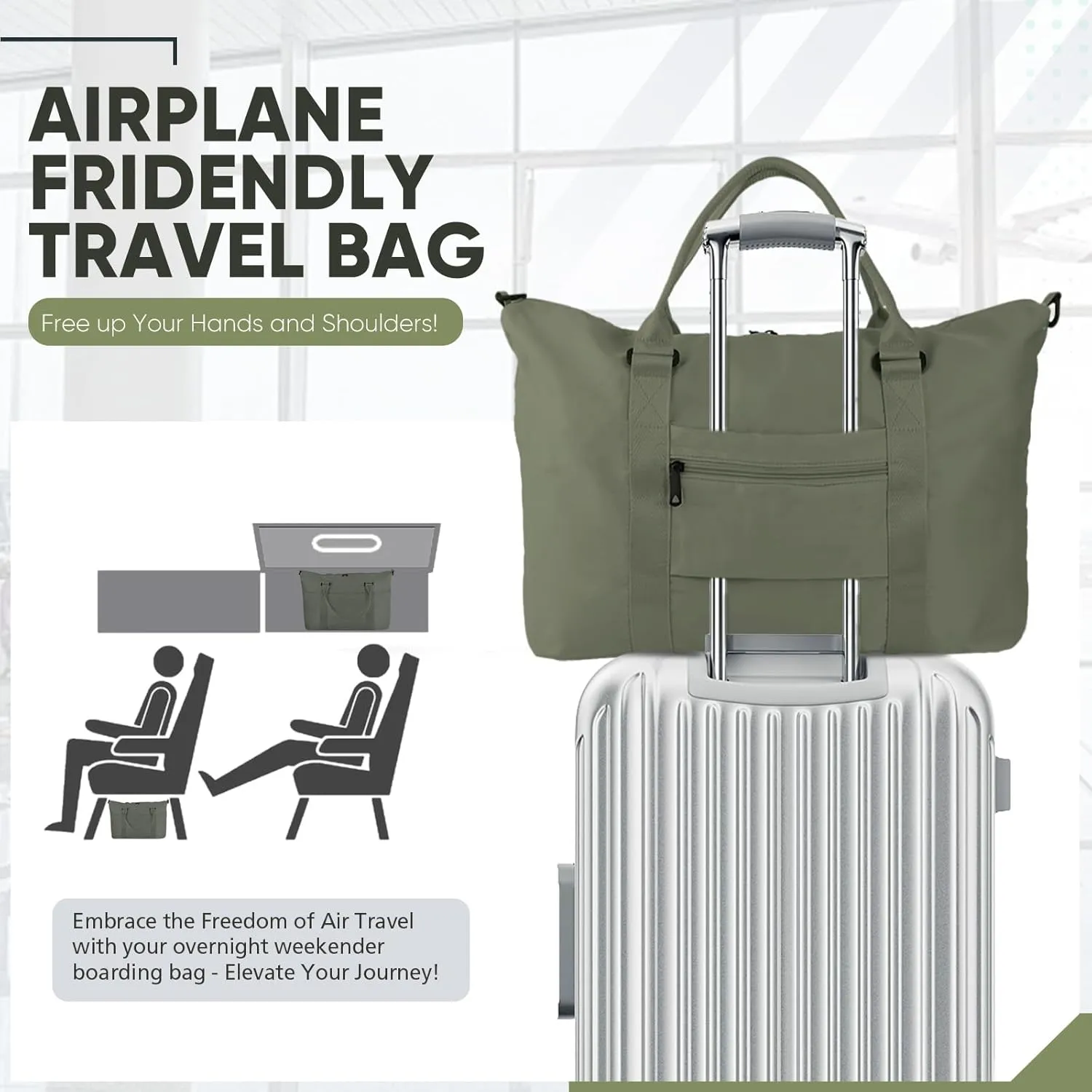 Travel Duffle Bag, Weekender Travel Bag Men Small Gym Bag for Women, Hospital Bag for Labor and Delivery, Overnight Bag Luggage Bag with Trolley Sleeve, Airplane Travel Essentials for Flying(Green)
