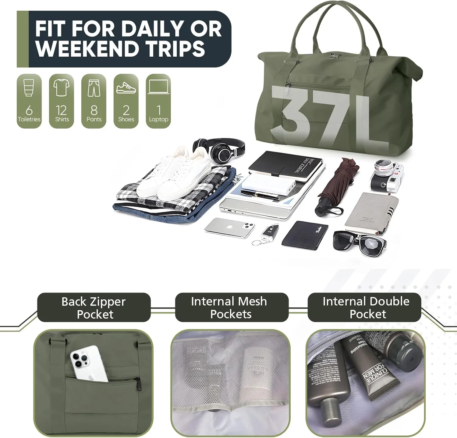 Travel Duffle Bag, Weekender Travel Bag Men Small Gym Bag for Women, Hospital Bag for Labor and Delivery, Overnight Bag Luggage Bag with Trolley Sleeve, Airplane Travel Essentials for Flying(Green)