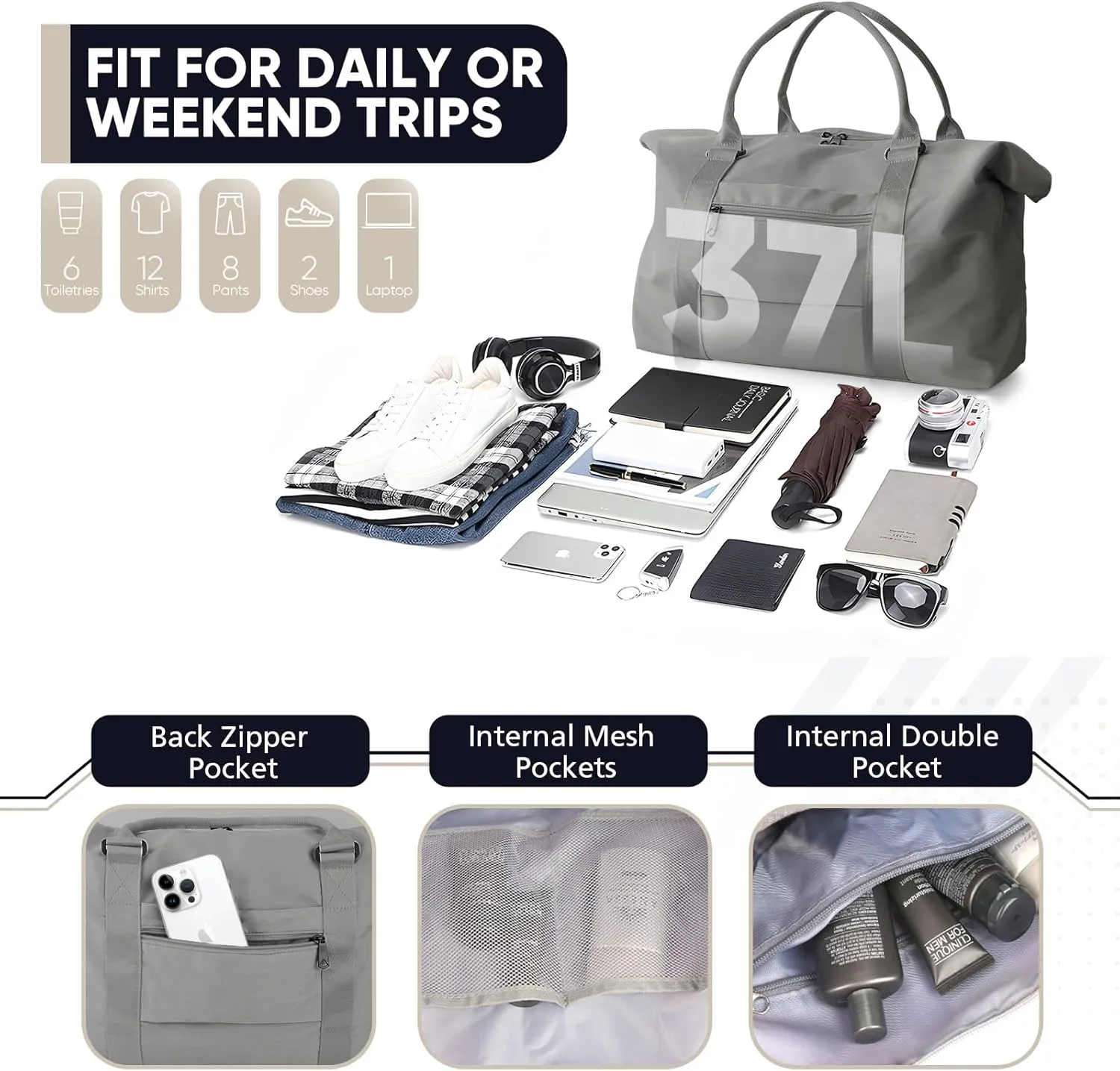 Travel Duffle Bag, Weekender Travel Bag Men Small Gym Bag for Women, Hospital Bag for Labor and Delivery, Overnight Bag Luggage Bag with Trolley Sleeve, Airplane Travel Essentials for Flying(Grey)