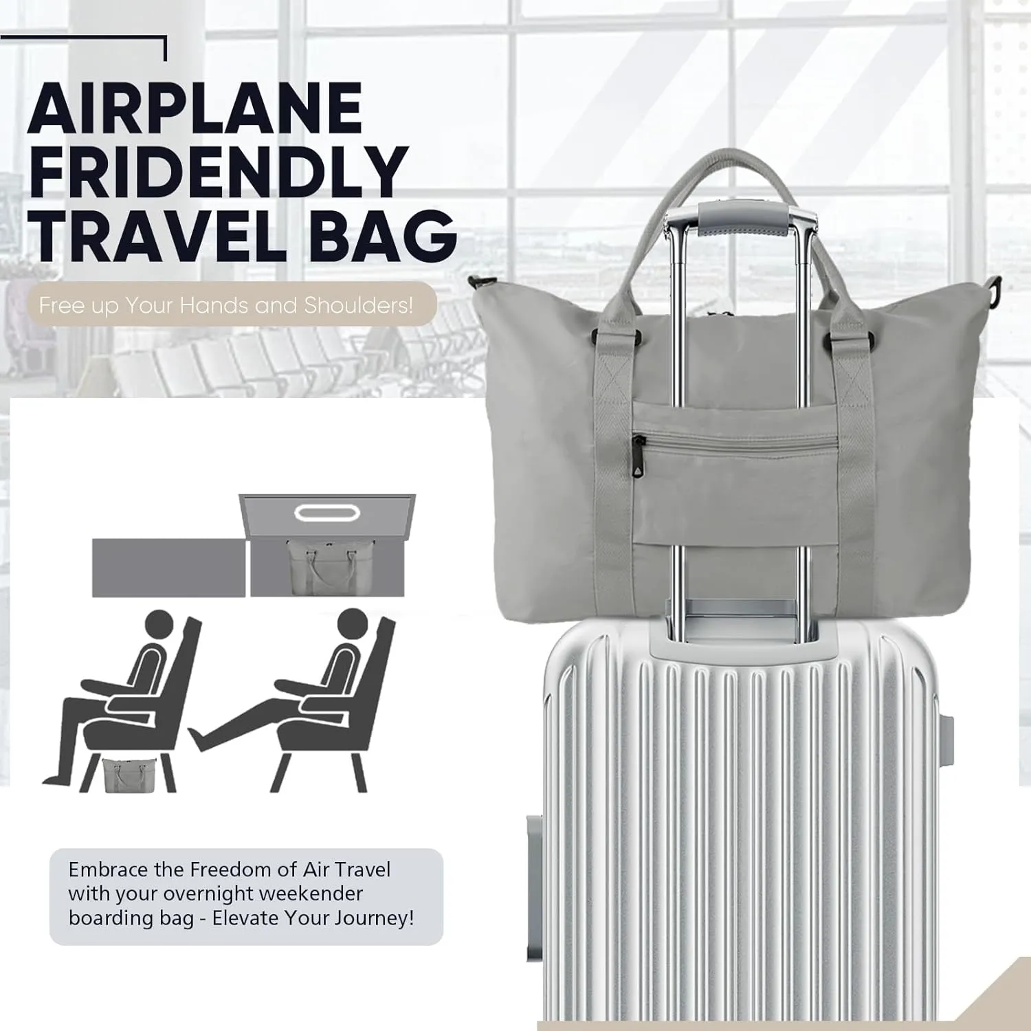 Travel Duffle Bag, Weekender Travel Bag Men Small Gym Bag for Women, Hospital Bag for Labor and Delivery, Overnight Bag Luggage Bag with Trolley Sleeve, Airplane Travel Essentials for Flying(Grey)
