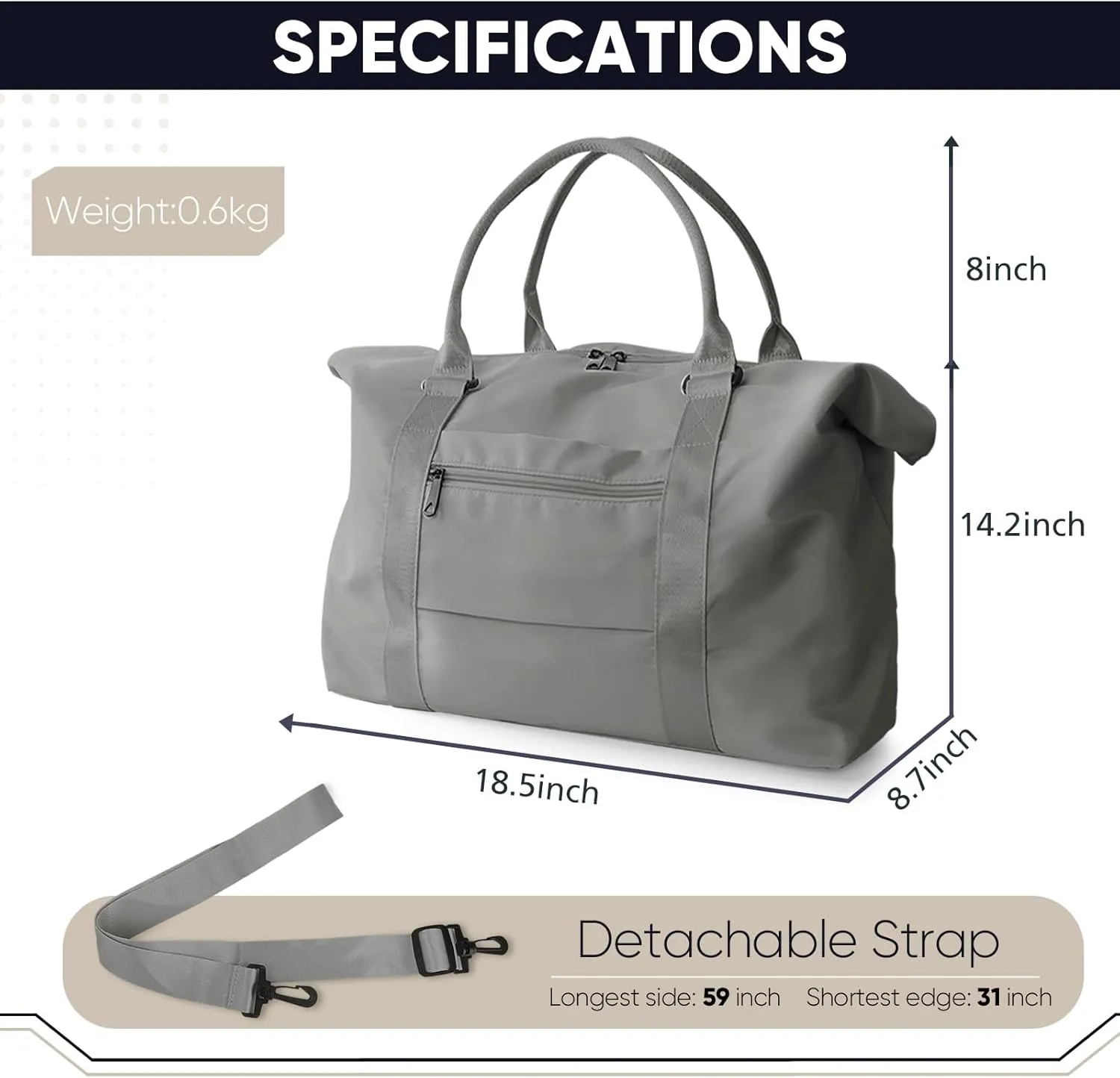 Travel Duffle Bag, Weekender Travel Bag Men Small Gym Bag for Women, Hospital Bag for Labor and Delivery, Overnight Bag Luggage Bag with Trolley Sleeve, Airplane Travel Essentials for Flying(Grey)