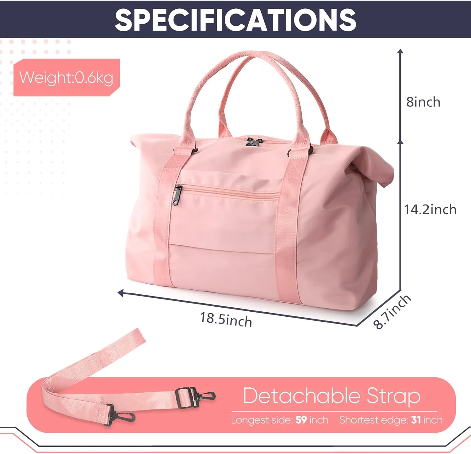 Travel Duffle Bag, Weekender Travel Bag Men Small Gym Bag for Women, Hospital Bag for Labor and Delivery, Overnight Bag Luggage Bag with Trolley Sleeve, Airplane Travel Essentials for Flying(Pink)