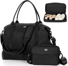 Travel Duffle Bag,Weekender Bags for Women,Gym Bag with Shoe Compartment,Overnight Carry On Bags for Airplanes,Shoulder Duffel Tote with Toiletry,Large Personal Item Travel Bag Black