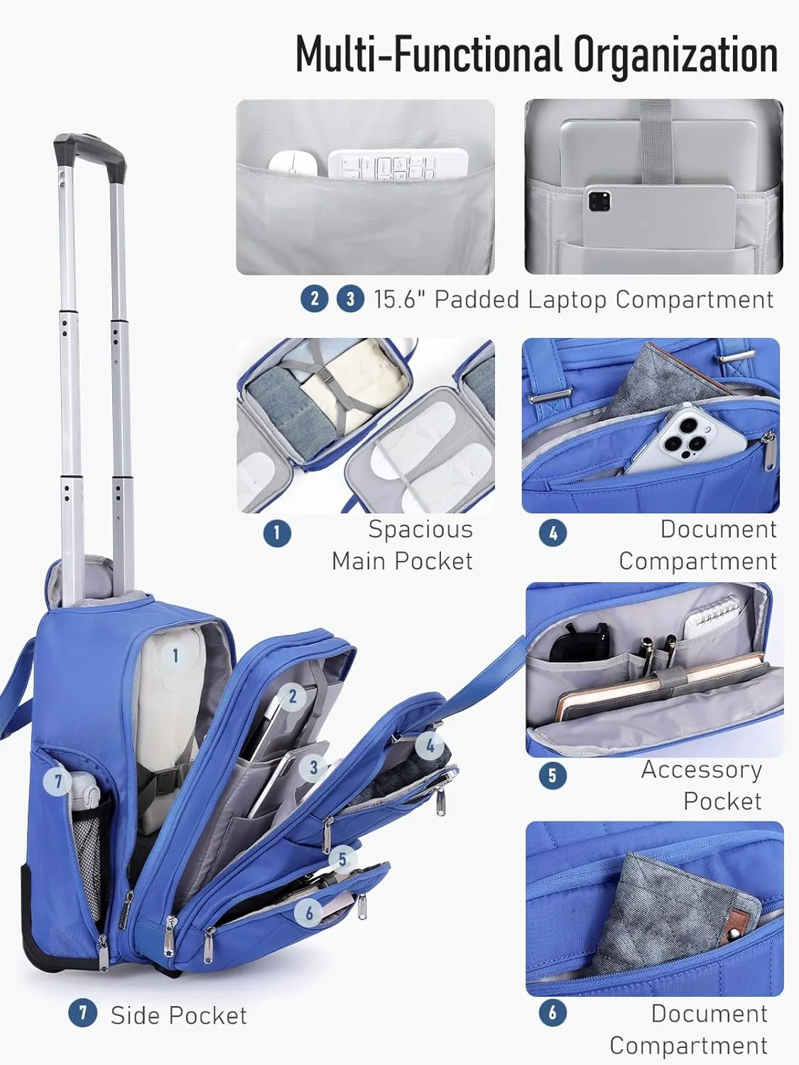 Underseat Carry On Luggage with Wheels, 16-inch Softside Rolling Under Seat Luggage, Lightweight Overnight Small Mini Carry On Suitcase for Women Men(Blue)