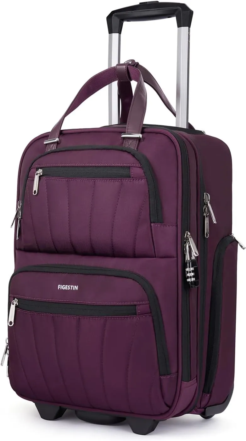 Underseat Carry On Luggage with Wheels, 16-inch Softside Rolling Under Seat Luggage, Lightweight Overnight Small Mini Carry On Suitcase for Women Men(Burgundy)