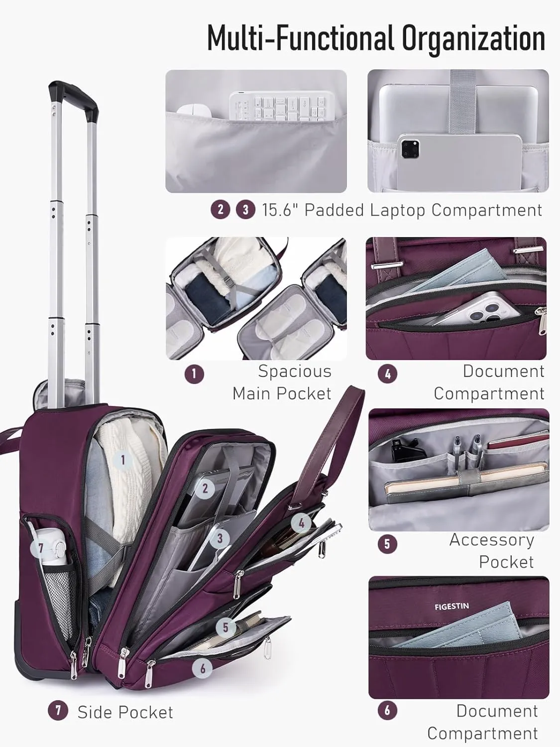 Underseat Carry On Luggage with Wheels, 16-inch Softside Rolling Under Seat Luggage, Lightweight Overnight Small Mini Carry On Suitcase for Women Men(Burgundy)