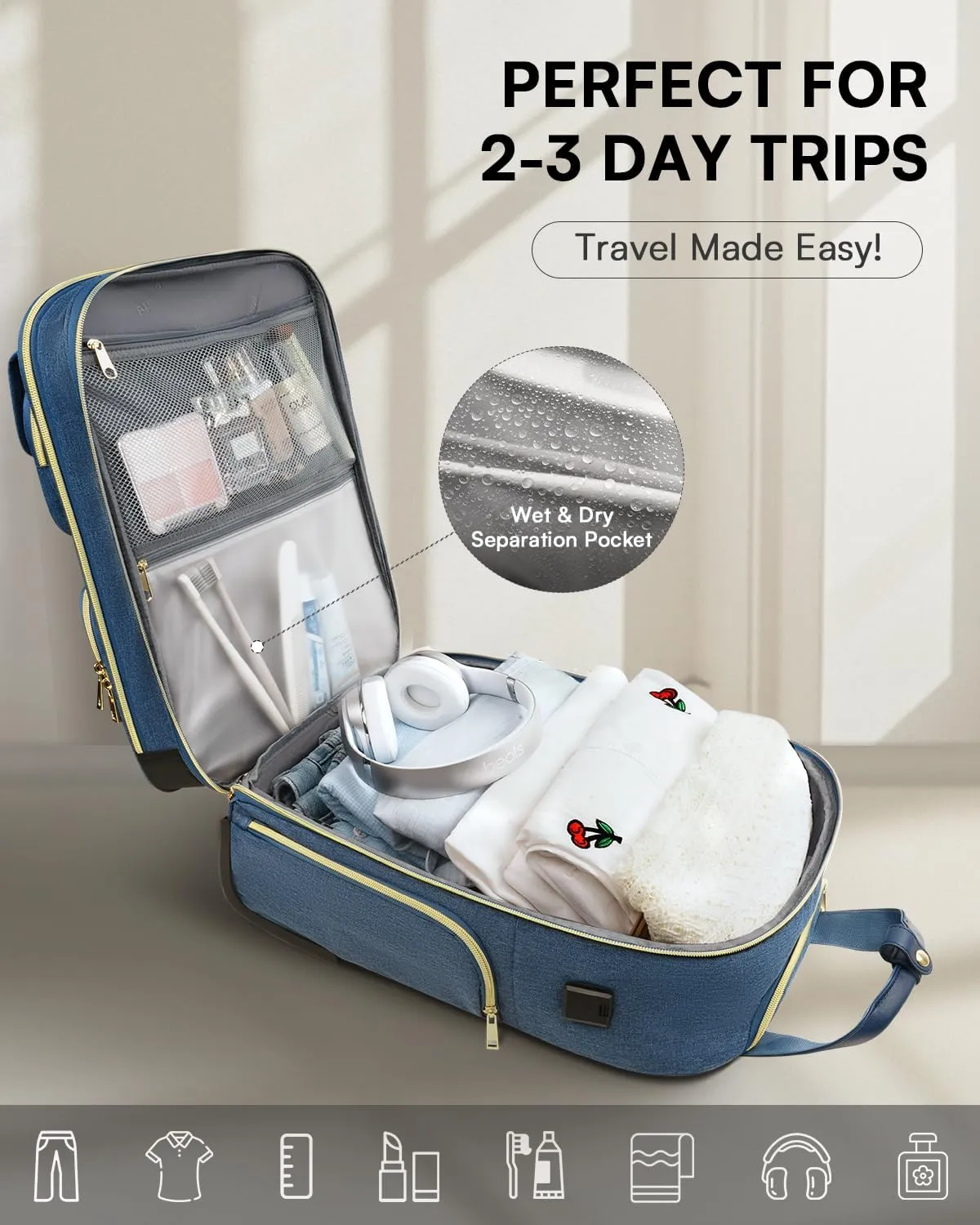 Underseat Carry On Luggage with Wheels, Airline Approved Personal Item Bag, 17-Inch Multi-functional Rolling Bag, Lightweight Overnight Suitcase for Women, Bussiness, Travel, Denim Blue