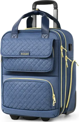 Underseat Carry On Luggage with Wheels, Airline Approved Personal Item Bag, 17-Inch Multi-functional Rolling Bag, Lightweight Overnight Suitcase for Women, Bussiness, Travel, Denim Blue