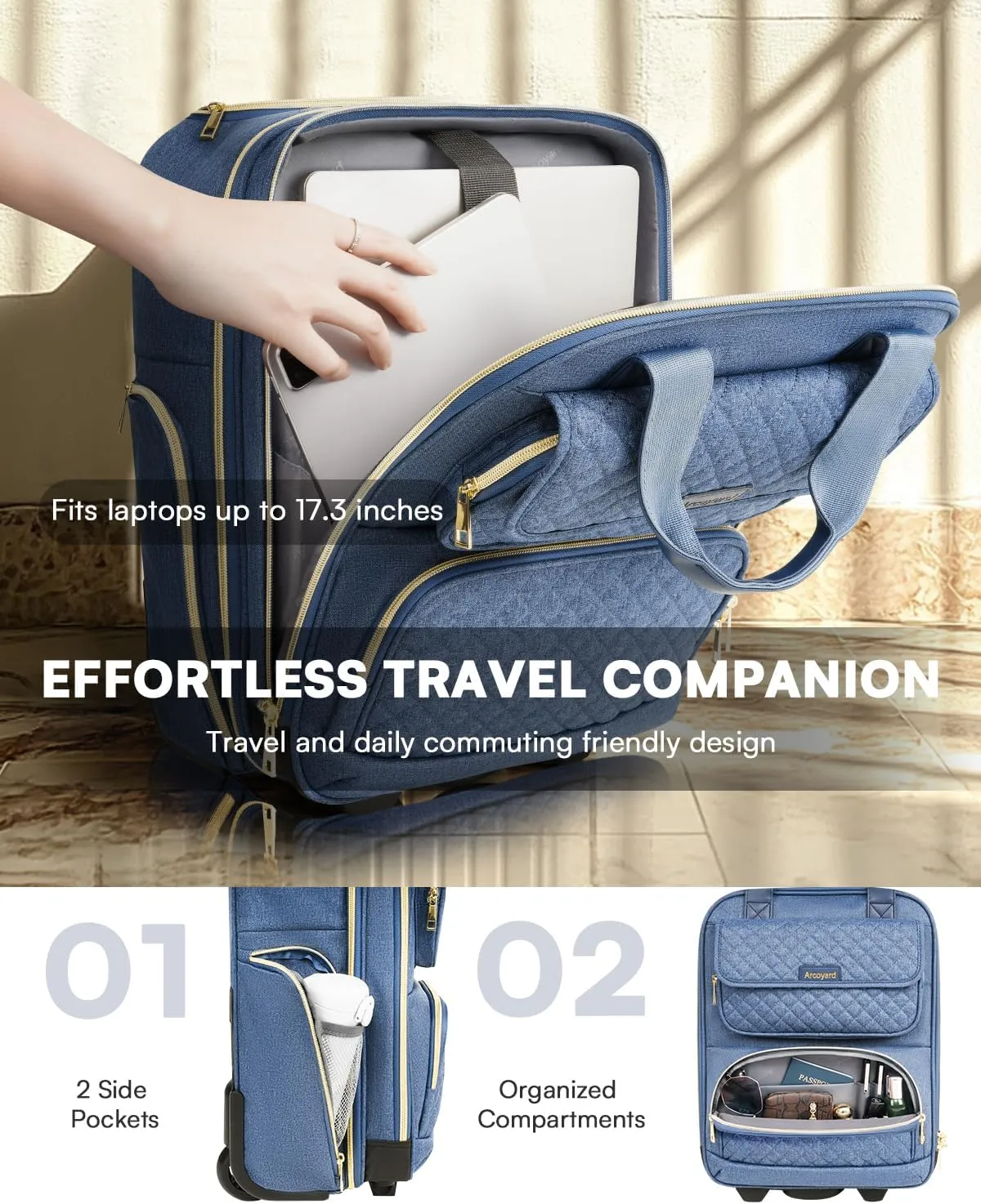 Underseat Carry On Luggage with Wheels, Airline Approved Personal Item Bag, 17-Inch Multi-functional Rolling Bag, Lightweight Overnight Suitcase for Women, Bussiness, Travel, Denim Blue