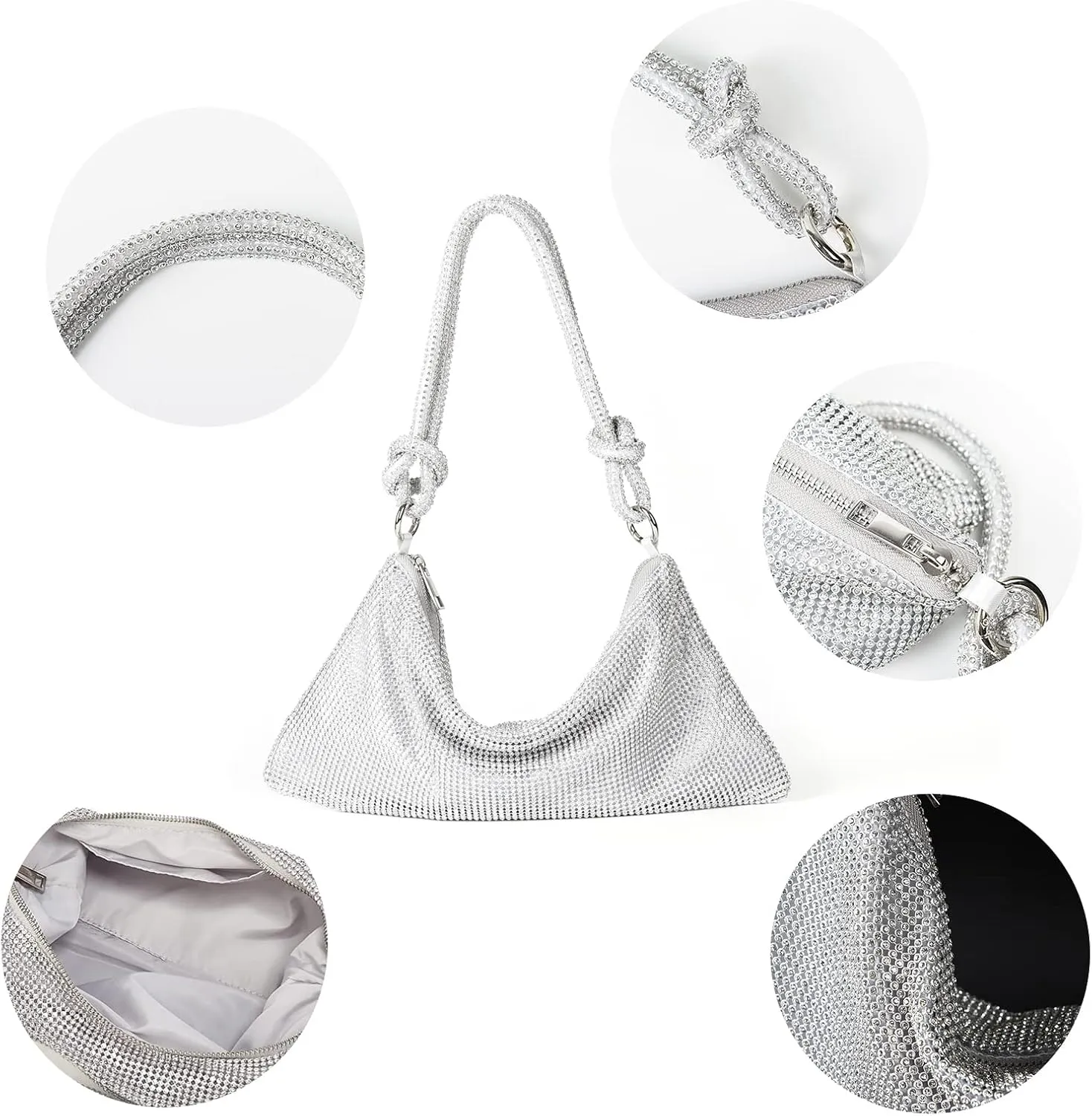 Valleycomfy Chic Rhinestone Purses for Women Sparkly Evening Handbag Bling Hobo Bag Shiny Silver Clutch Purse for Party