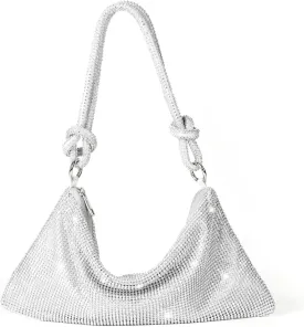 Valleycomfy Chic Rhinestone Purses for Women Sparkly Evening Handbag Bling Hobo Bag Shiny Silver Clutch Purse for Party