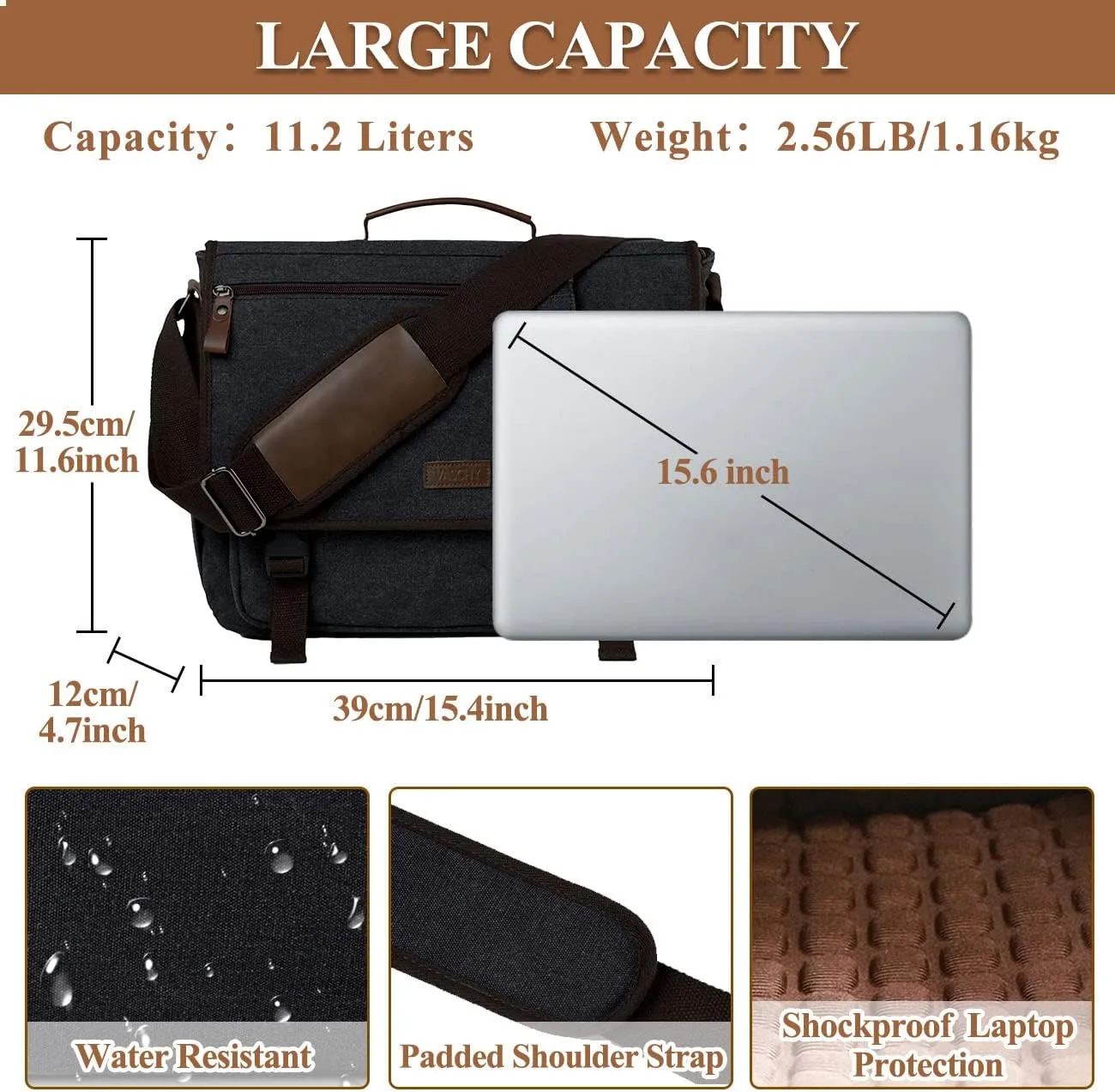VASCHY Messenger Bag for Men,Canvas Briefcases 15.6in Laptop Bag Crossbody Satchel Computer Bags for Work Office Women