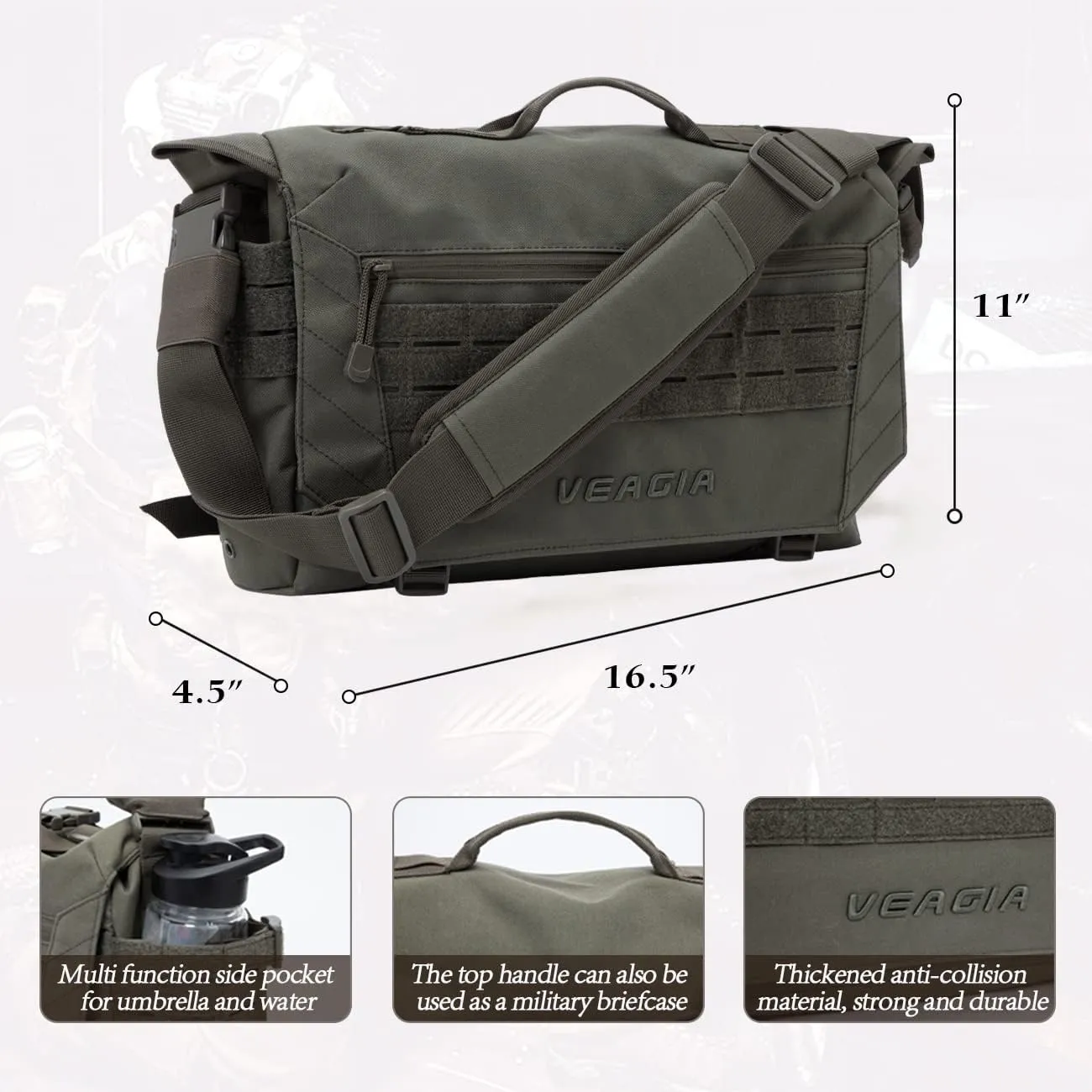 VEAGIA Messenger bag Laptop bag Briefcase Molle system Tactical style Detachable shoulder strap Shoulder Bags