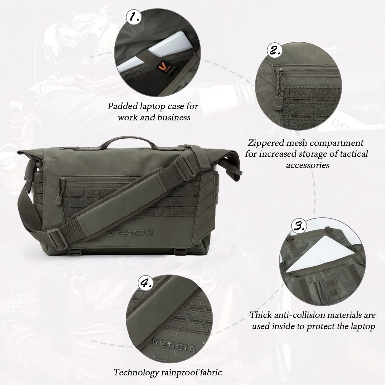 VEAGIA Messenger bag Laptop bag Briefcase Molle system Tactical style Detachable shoulder strap Shoulder Bags