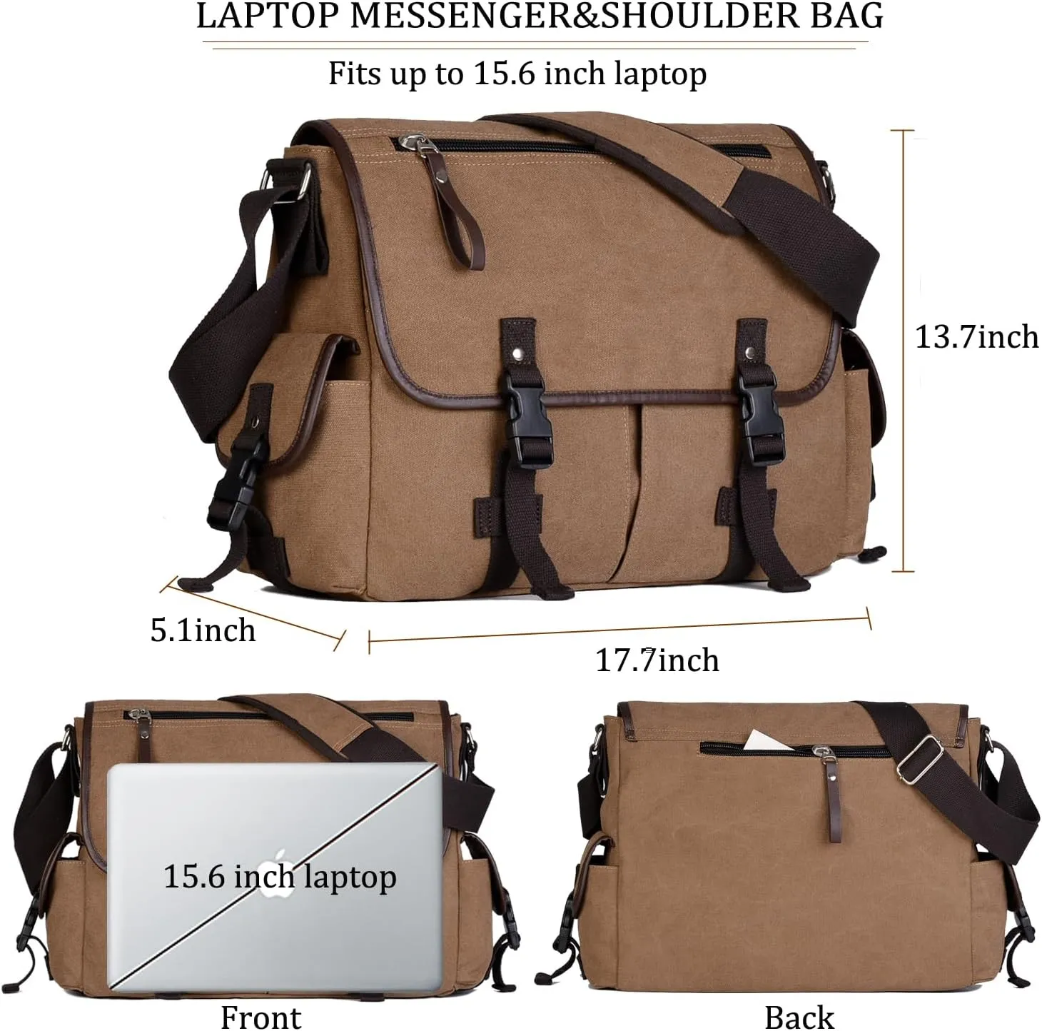 Vintage Canvas 15.6 inch Laptop Messenger Bag for Men Women, College Computer Satchel Shoulder Bag Travel Office Briefcases
