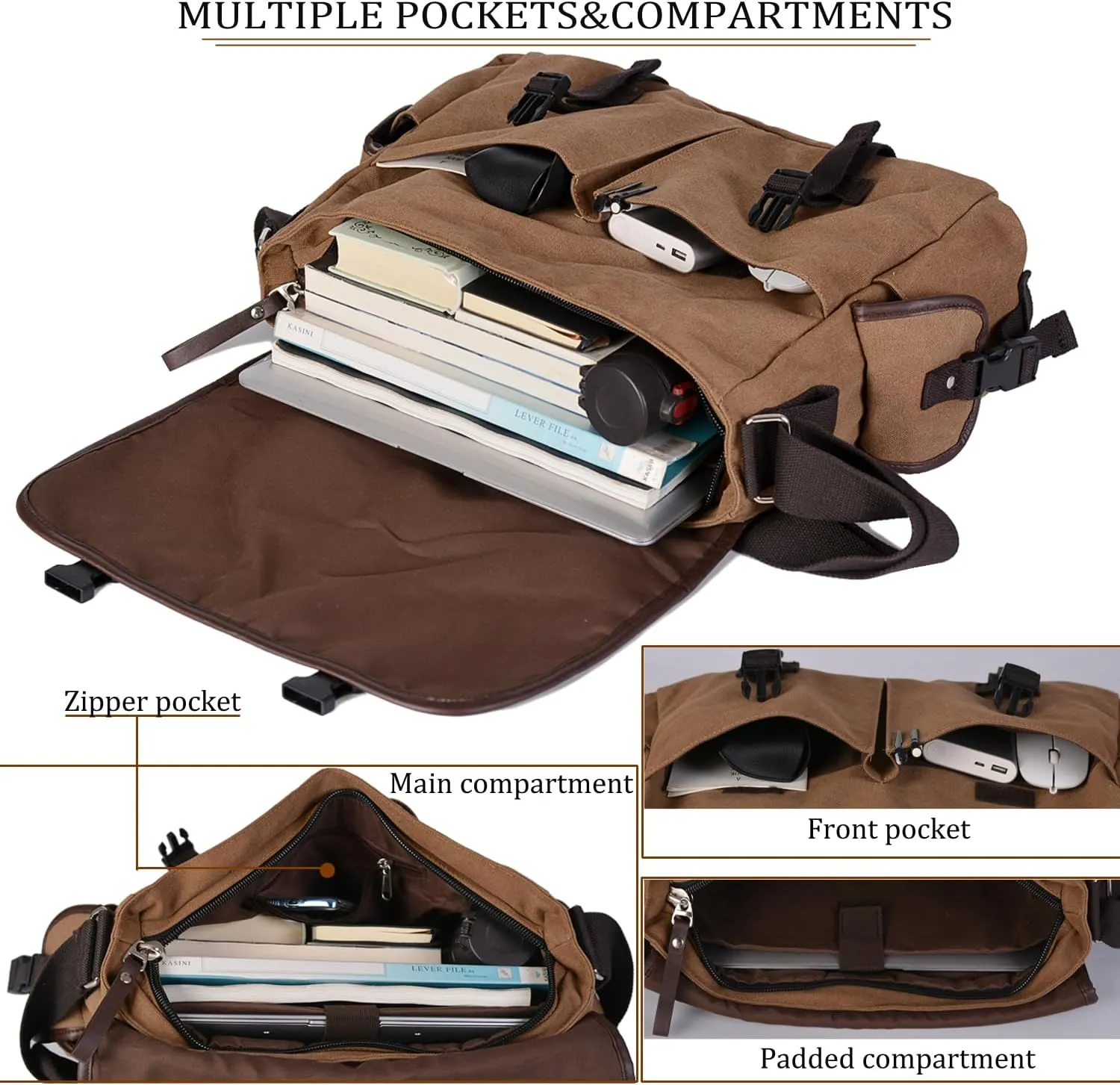 Vintage Canvas 15.6 inch Laptop Messenger Bag for Men Women, College Computer Satchel Shoulder Bag Travel Office Briefcases