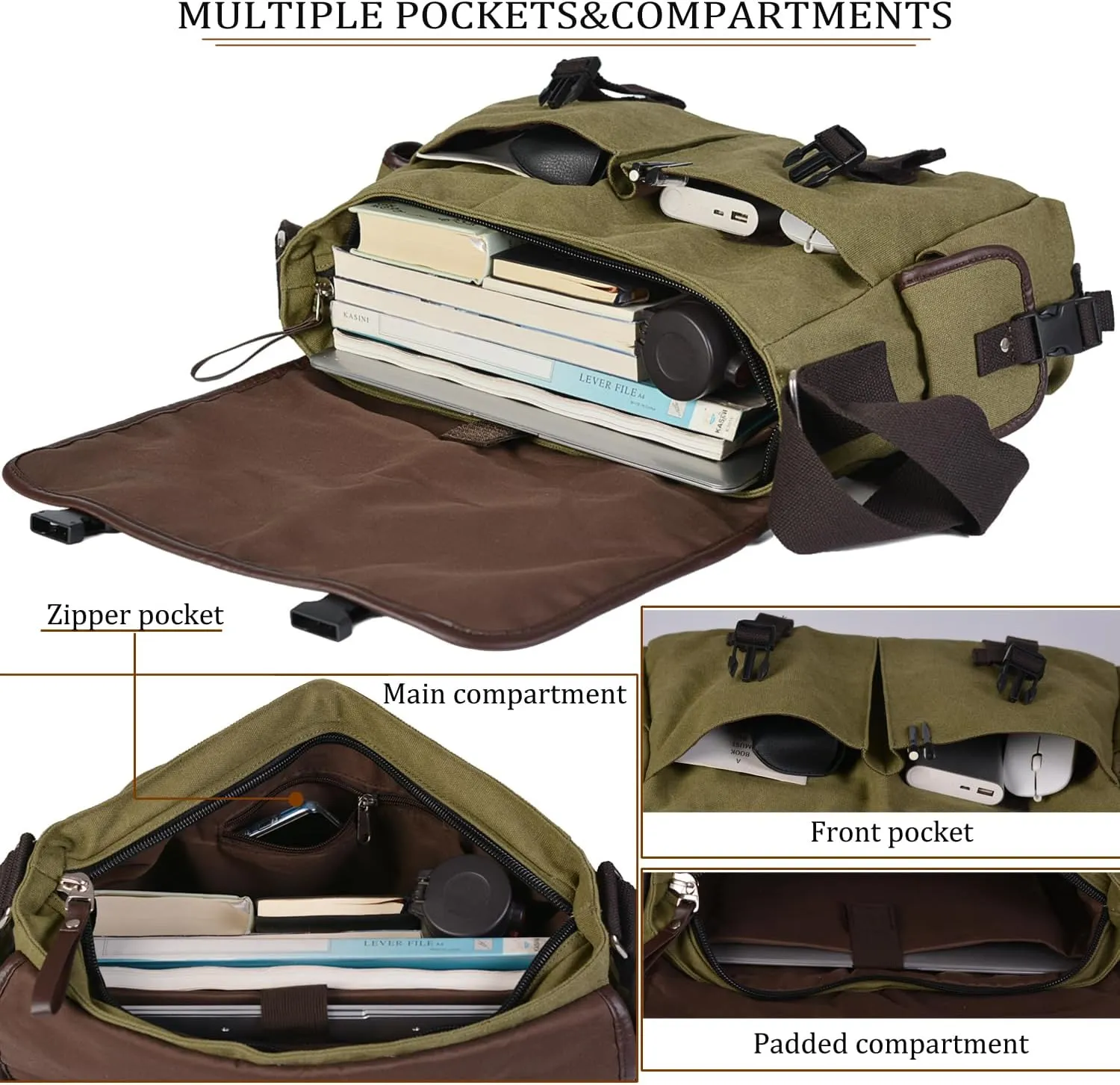 Vintage Canvas 15.6 inch Laptop Messenger Bag for Men Women, College Computer Satchel Shoulder Bag Travel Office Briefcases