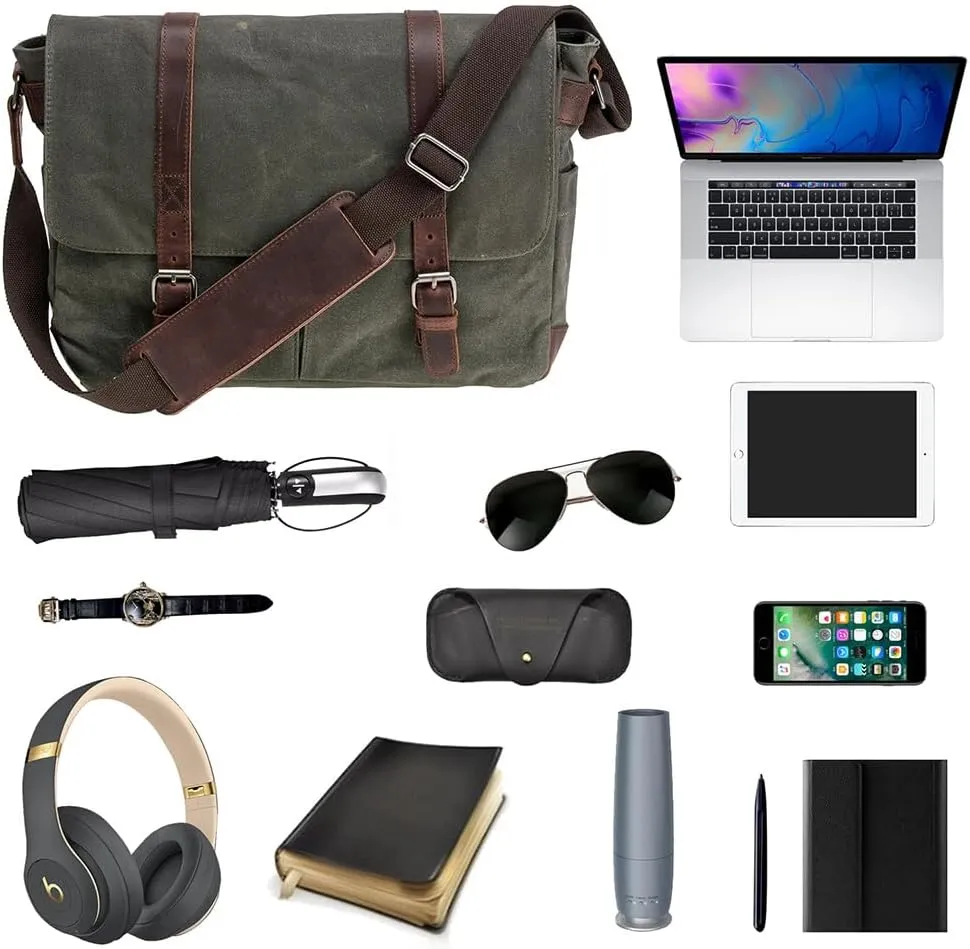 Vintage Genuine Leather Waxed Canvas Briefcase Large Satchel Shoulder Bag Rugged Computer 15.6" Laptop Bag