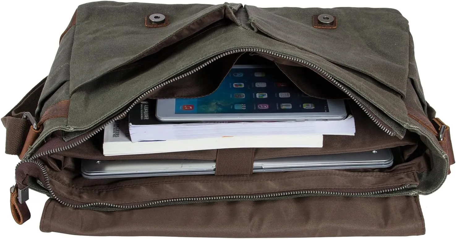 Vintage Genuine Leather Waxed Canvas Briefcase Large Satchel Shoulder Bag Rugged Computer 15.6" Laptop Bag