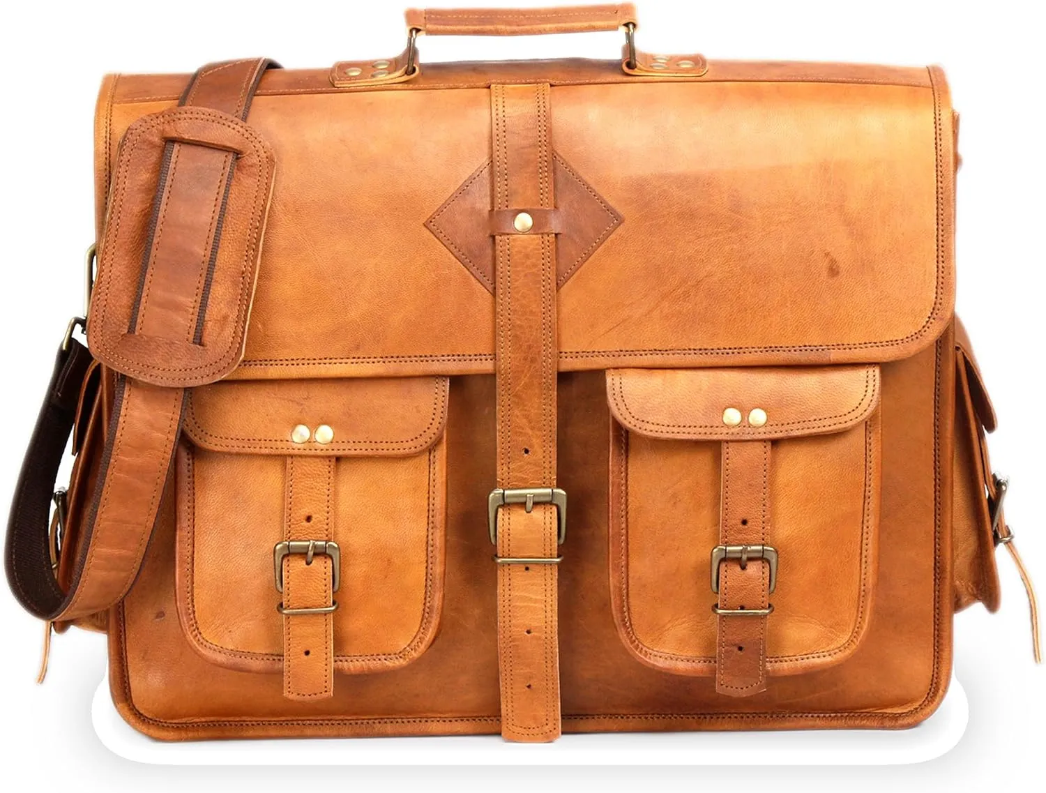 Vintage Leather Laptop Bag for Men Full Grain Large Leather Messenger bag for men 18 inches with rustic look Brown briefcase (Tan)