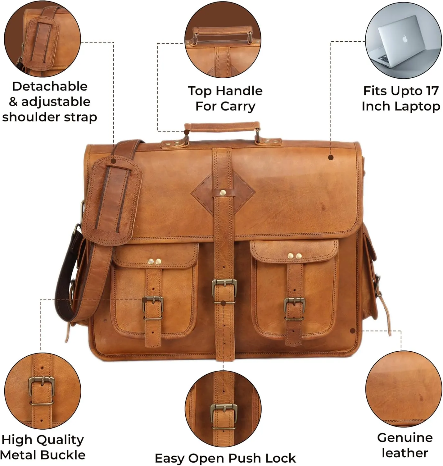 Vintage Leather Laptop Bag for Men Full Grain Large Leather Messenger bag for men 18 inches with rustic look Brown briefcase (Tan)