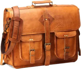 Vintage Leather Laptop Bag for Men Full Grain Large Leather Messenger bag for men 18 inches with rustic look Brown briefcase (Tan)