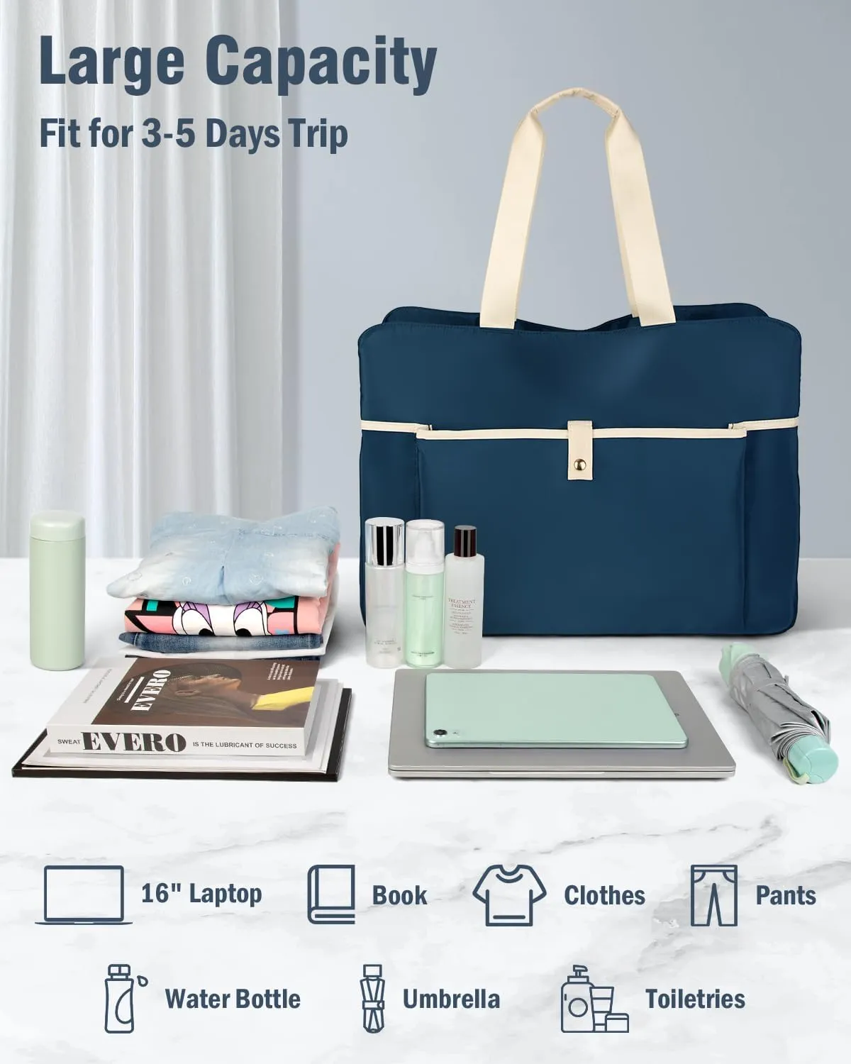 Wedama Large Tote Gym Bag for Women, Weekender Bags Travel Duffel Overnight Carry on Bag Women Labor Delivery with Wet Pocket for Travel Sport, Blue