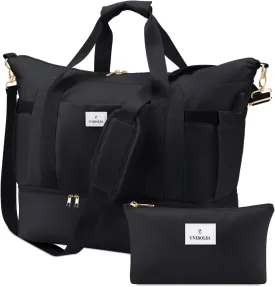 Weekender Bags for Women, Large Travel Duffel Bags with Shoe Compartment and USB Charging Port, Carry on Overnight Bag with Toiletry Bag for Gym, Maternity, Sports, Business Trip - Black