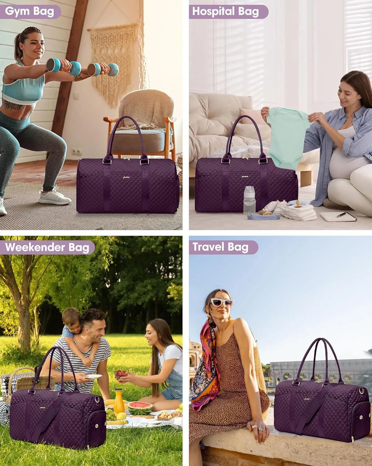 Weekender Travel Duffle Bag for Women - Carry on Bag with Shoe Compartment Overnight Bags with Toiletry Bag Wet Pocket Weekend Traveling Yoga Gym Hospital Bags for Labor and Delivery Purple