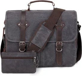 Wogarl 2PCS Mens Messenger Bag 15.6 Inch Genuine Leather Waxed Canvas Computer Laptop Bag Briefcase Satchel Shoulder Bag